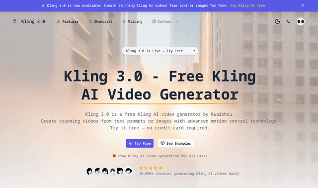 Kling 3.0 - Free Kling AI Video Generator Image of Kling 3.0 - Free Kling AI Video Generator