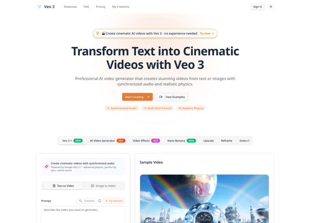 Veo 3 - Cinematic AI Video Generator with Realistic Physics Image of Veo 3 - Cinematic AI Video Generator with Realistic Physics